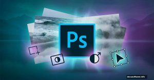 Photoshop logo surrounded by blending mystical lake photo layers