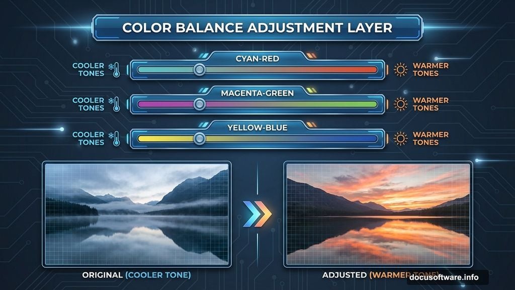 Color Balance adjustment layer shifts sliders for mystical lake feel