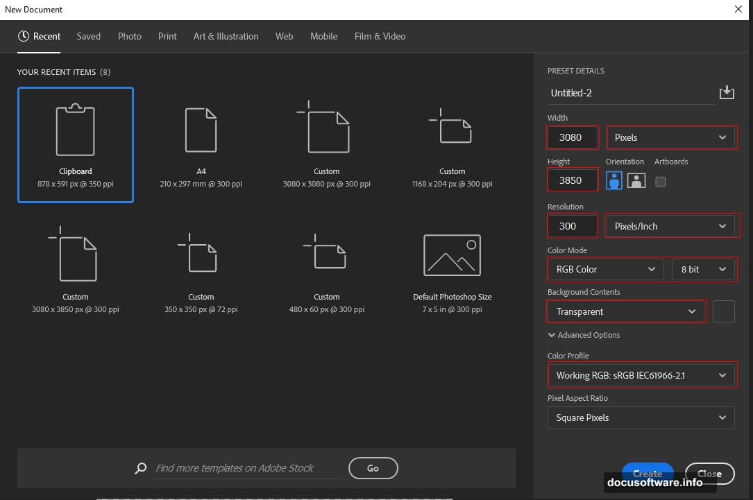 Canvas setup with print quality resolution and transparent background