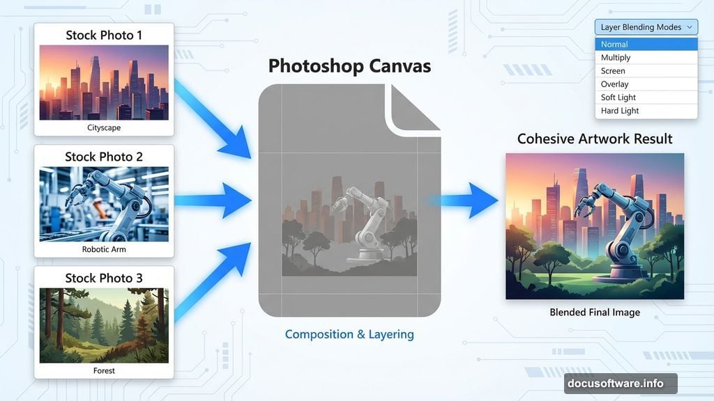 Layer blending modes transform disconnected stock photos into cohesive artwork