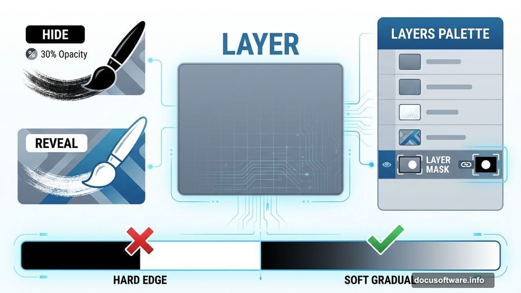 Layer masking with soft brush creates gradual blending transitions