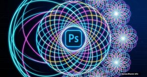 Colorful spirograph fractal pattern emerging from Photoshop logo icon