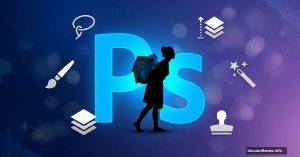 Photoshop logo with surreal woman carrying house silhouette overlay