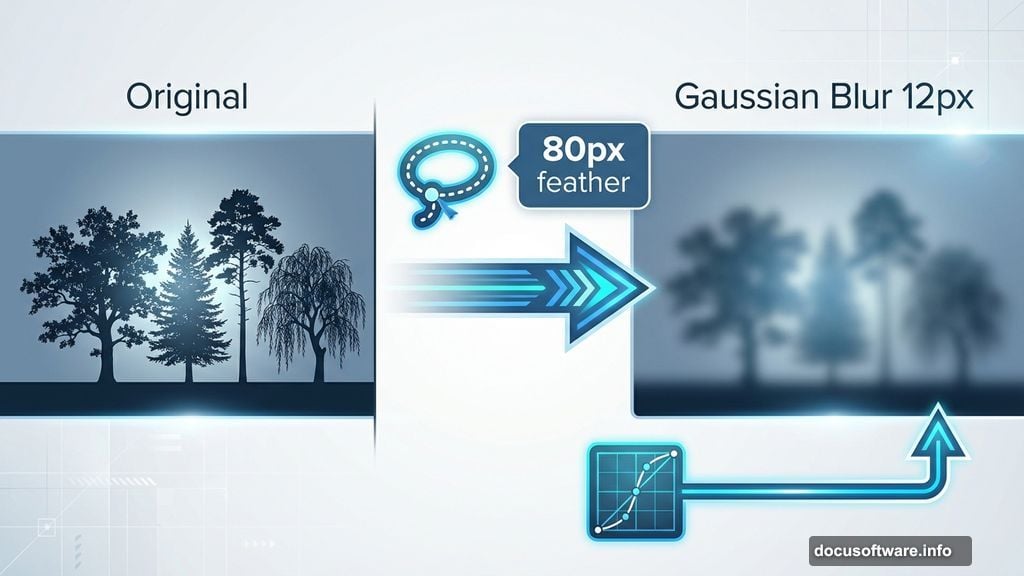 Gaussian Blur filter creates soft dreamy background trees in Photoshop