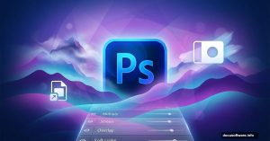 Photoshop logo with surreal blended mountain landscape and layer tools