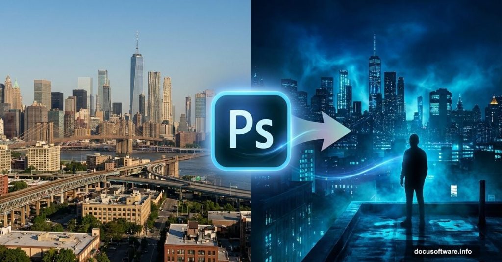 City photo transforming into moody rooftop scene using Photoshop