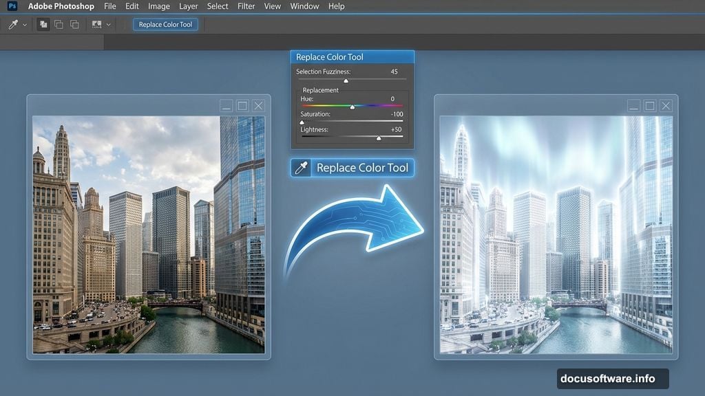 Replace Color converts blue tones into bright white city light highlights