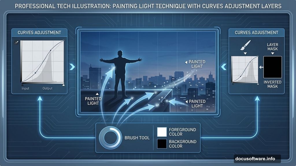 Curves adjustment layers with inverted masks paint light selectively on scene
