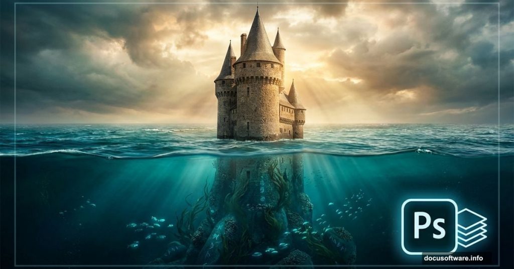 Mystical submerged castle emerging from ocean with Photoshop tutorial theme