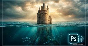 Mystical submerged castle emerging from ocean with Photoshop tutorial theme