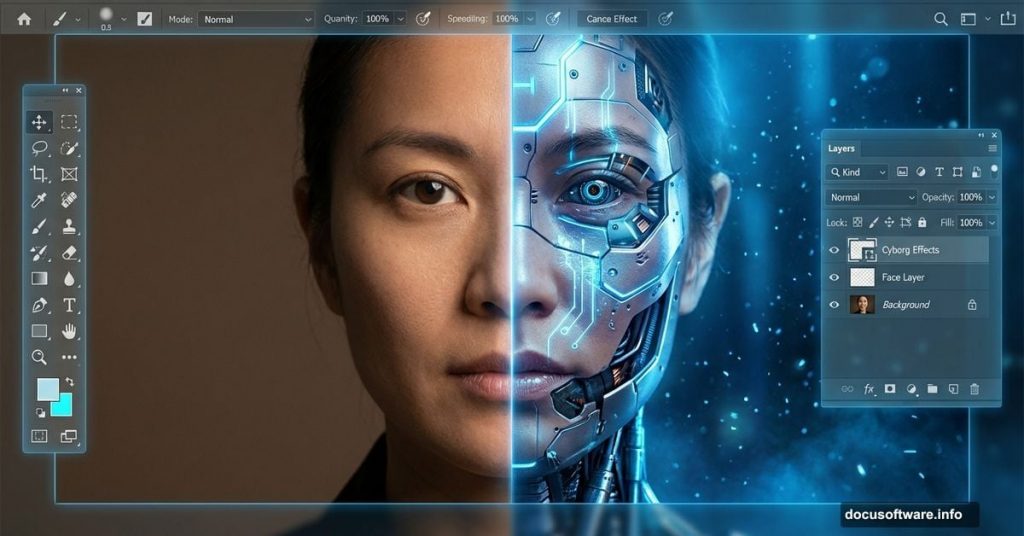 Photo transforming into futuristic cyborg effect in Photoshop tutorial