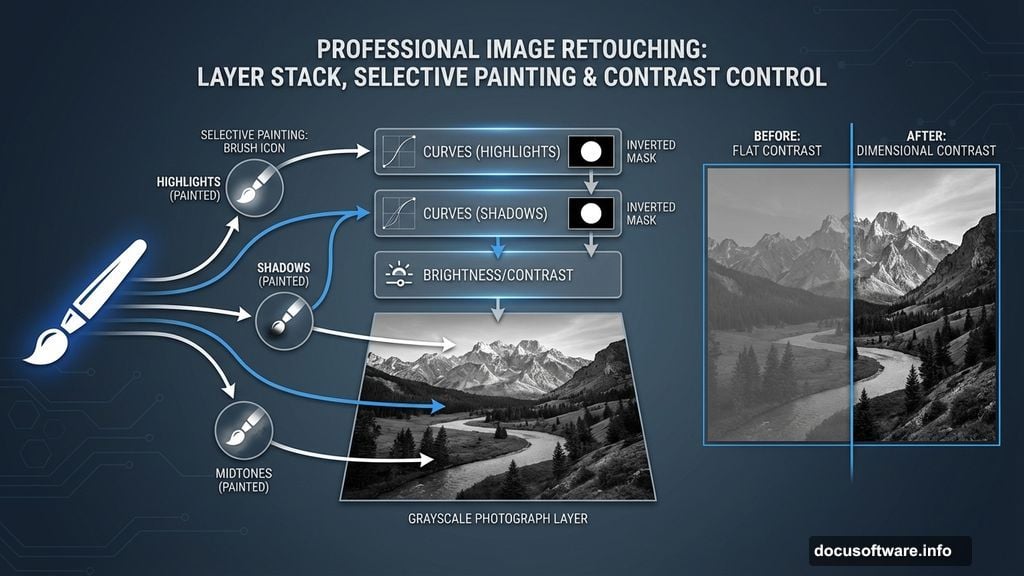 Curves adjustment layers with inverted masks control tone without destroying pixels