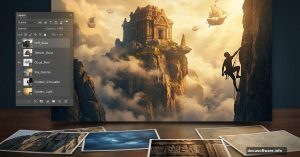 Photoshop tutorial creating surreal temple cliff scene from multiple photo layers