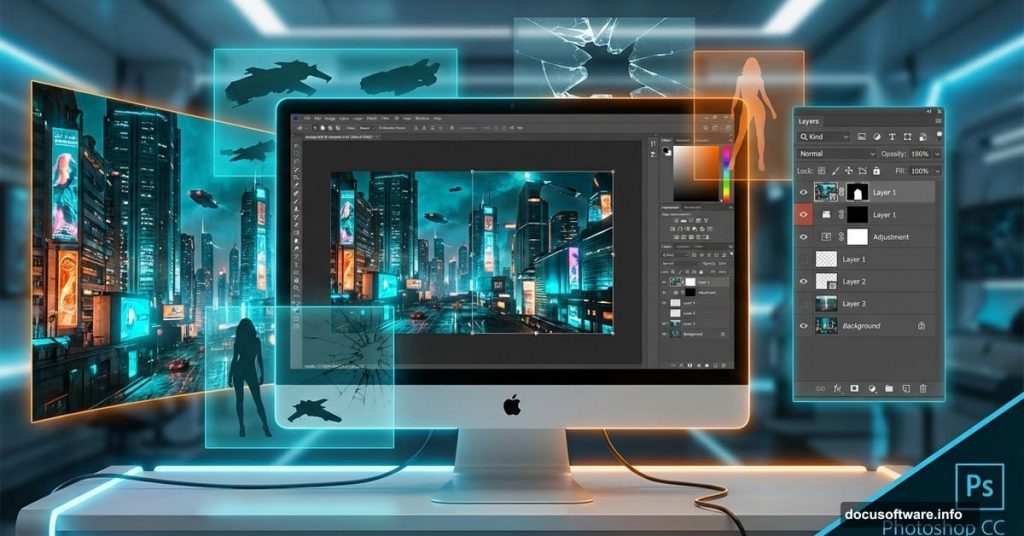 Photoshop interface creating Blade Runner inspired cinematic photo manipulation scene