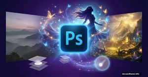 Photoshop logo with mystical enchantress and fantasy landscape transformation elements
