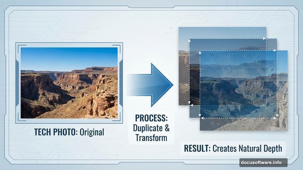 Overlapping multiple landscape copies creates natural depth in Photoshop