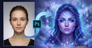 Before and after portrait showing Photoshop ethereal fantasy makeup transformation