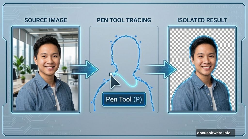 Pen Tool selection technique for precise subject isolation in Photoshop
