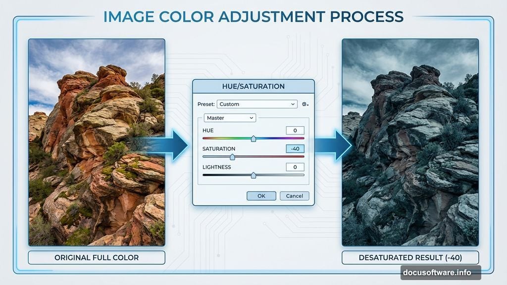 Desaturate rocks to match moody atmosphere using Hue/Saturation adjustment