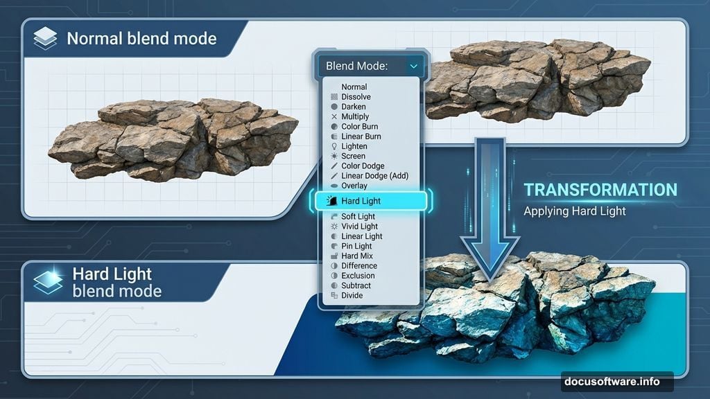 Hard Light blend mode integrates rocks with base color