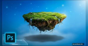 Floating grass island suspended in starry blue sky with Photoshop logo