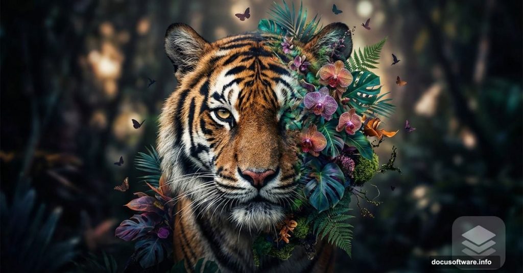 Tiger portrait blending seamlessly into floral foliage Photoshop manipulation effect