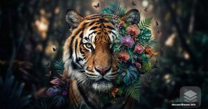 Tiger portrait blending seamlessly into floral foliage Photoshop manipulation effect