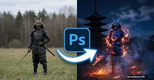 Before and after samurai photo manipulation tutorial in Photoshop