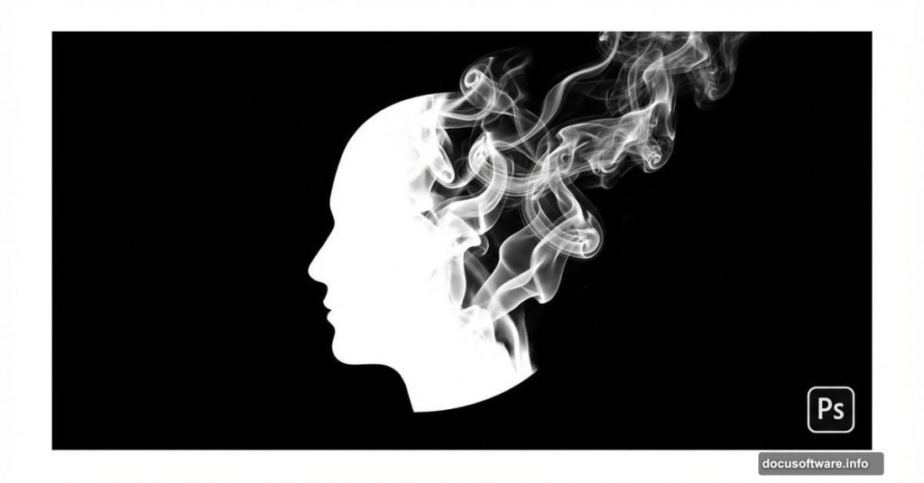 Portrait silhouette dissolving into smoke effect with Photoshop logo