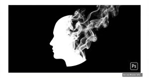 Portrait silhouette dissolving into smoke effect with Photoshop logo