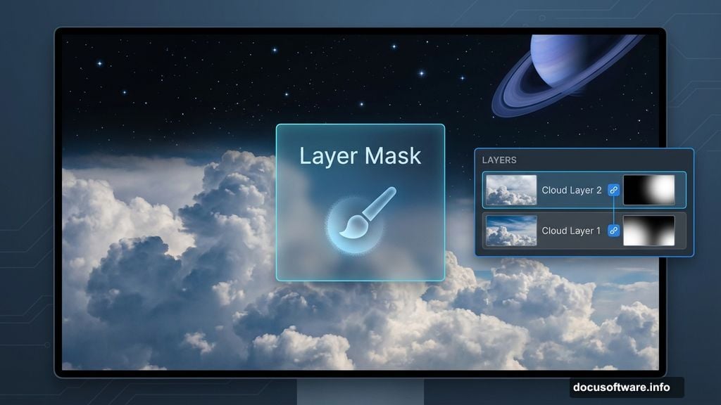 Layer masks blend cloud photos to create depth and atmosphere