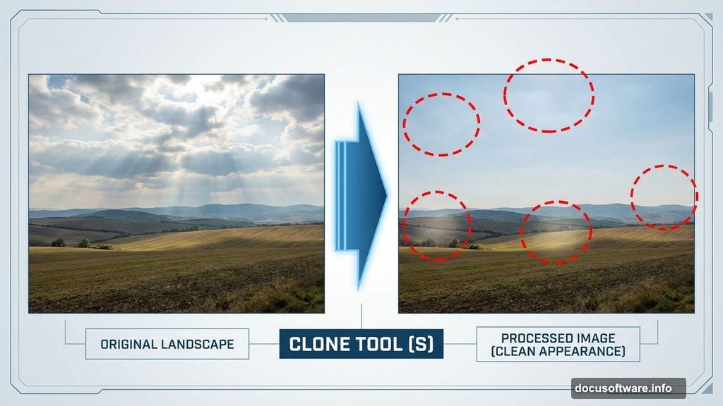 Clone Tool removes distracting light rays from landscape composition