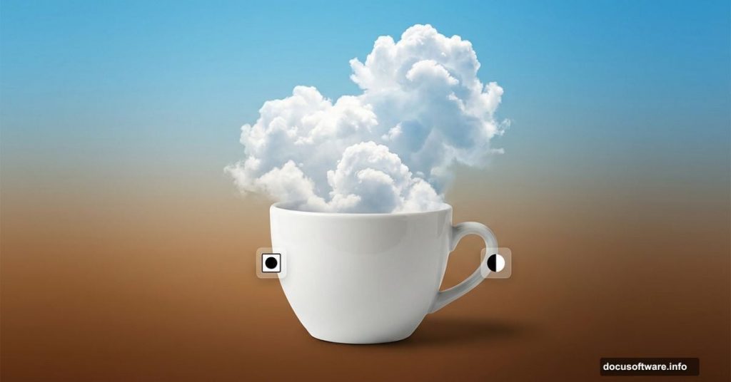Coffee cup filled with realistic clouds creating surreal photomanipulation effect