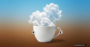 Coffee cup filled with realistic clouds creating surreal photomanipulation effect