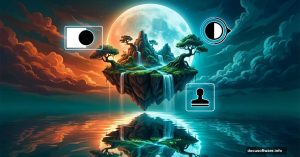 Surreal floating island with oversized moon and Photoshop tool icons