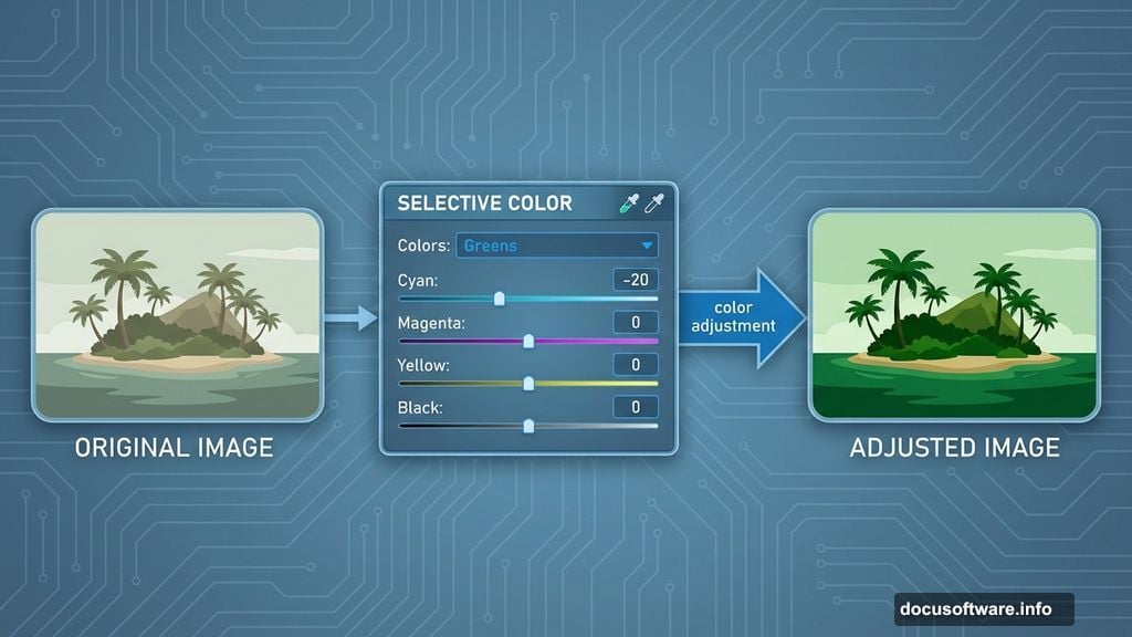 Selective Color adjustment layer controls greens and cyans precisely