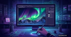 Photoshop interface showing northern lights winter landscape photo manipulation tutorial