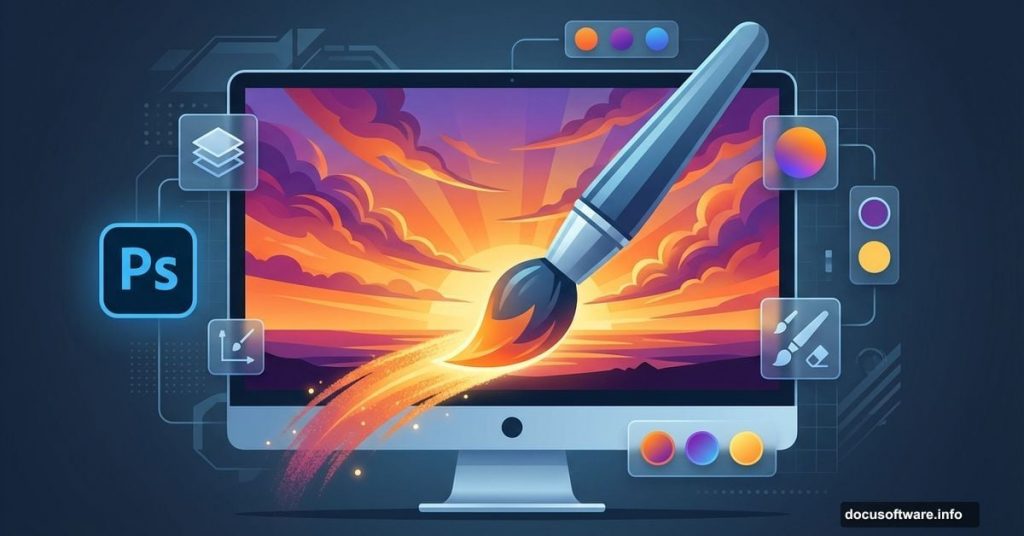 Photoshop brush painting vibrant sunset on digital canvas with interface