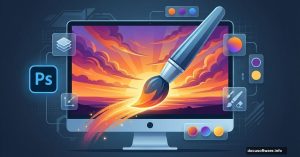 Photoshop brush painting vibrant sunset on digital canvas with interface