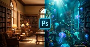 Library room split view showing before and after aquarium transformation effect