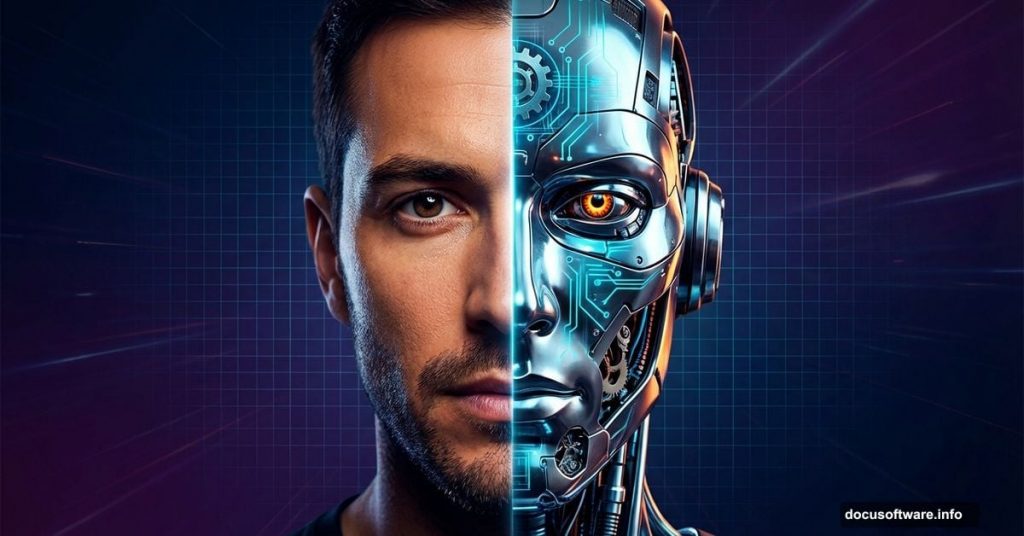 Half human face transforming into metallic cyborg with glowing circuits