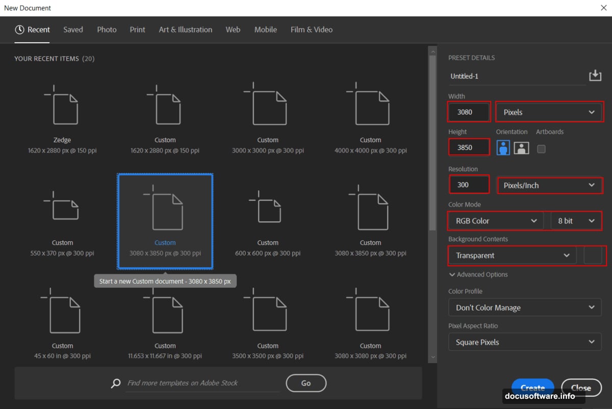 Canvas settings with width, height, resolution, and transparent background specifications