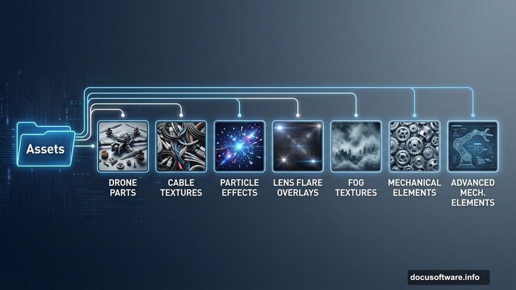 Gather drone mechanical parts cable textures particle effects before touching Photoshop