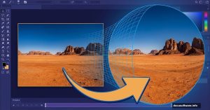 Desert landscape photo warping from flat to dramatic fisheye effect