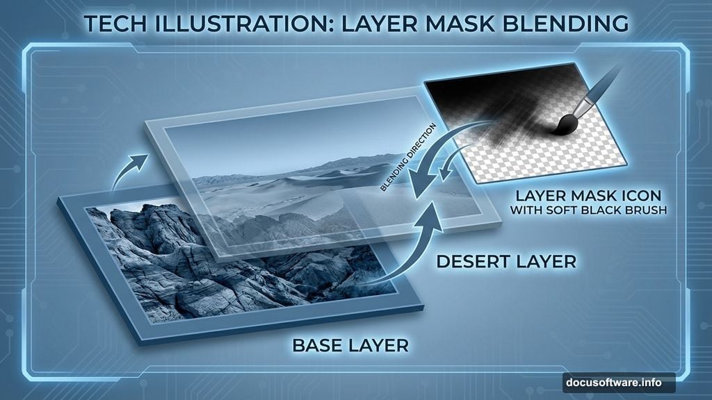 Layer mask with soft brush blends horizons naturally together