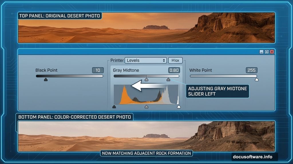 Levels adjustment drags middle gray slider to match colors