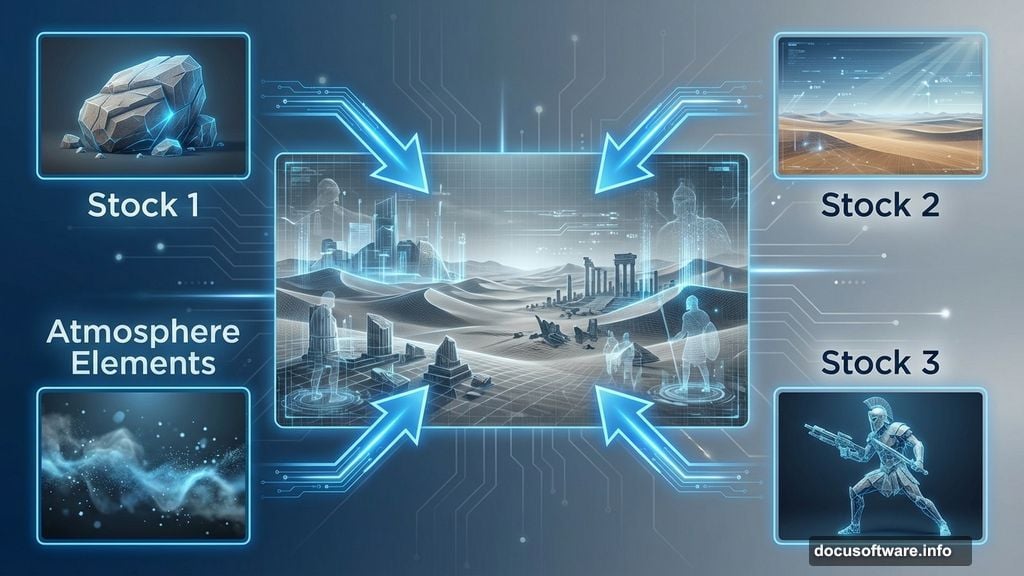 Desert battlefield scene merges multiple landscape photos seamlessly together