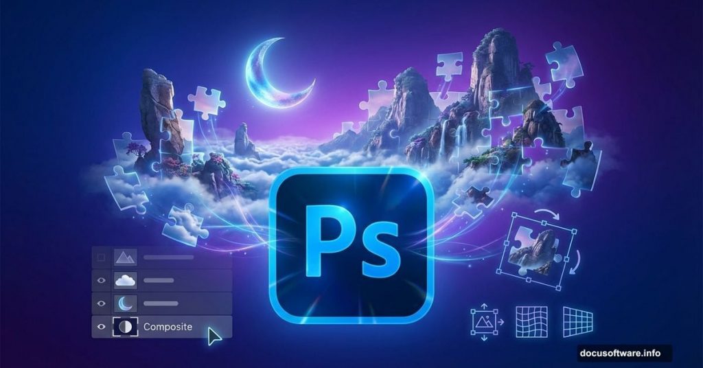 Photoshop logo with floating mountain landscape emerging from assembled photo pieces