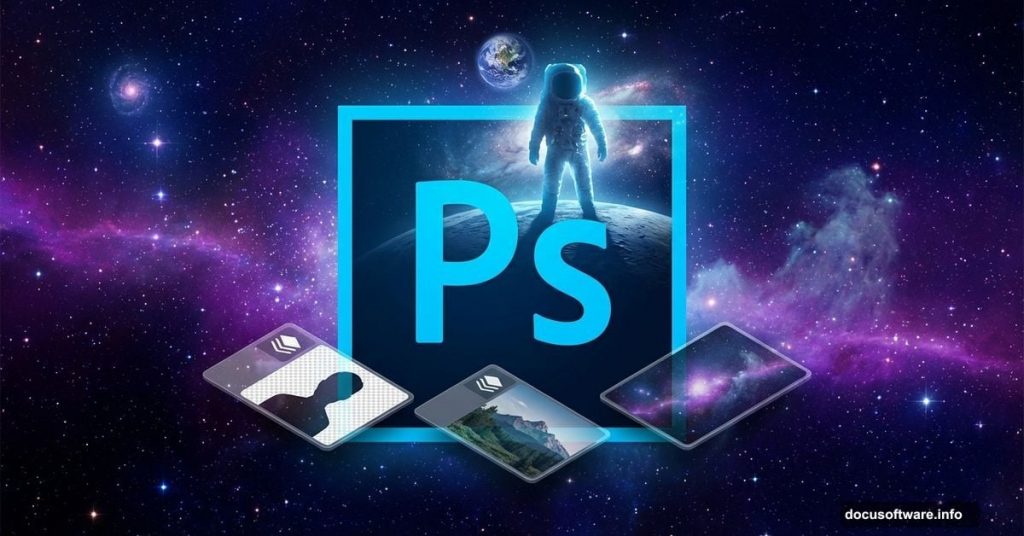 Photoshop logo with surreal space scene astronaut photo manipulation composite