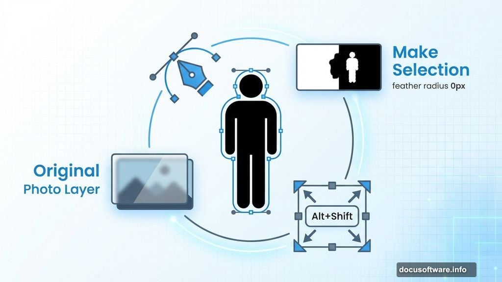 Pen tool creates clean selections with anchor points and paths